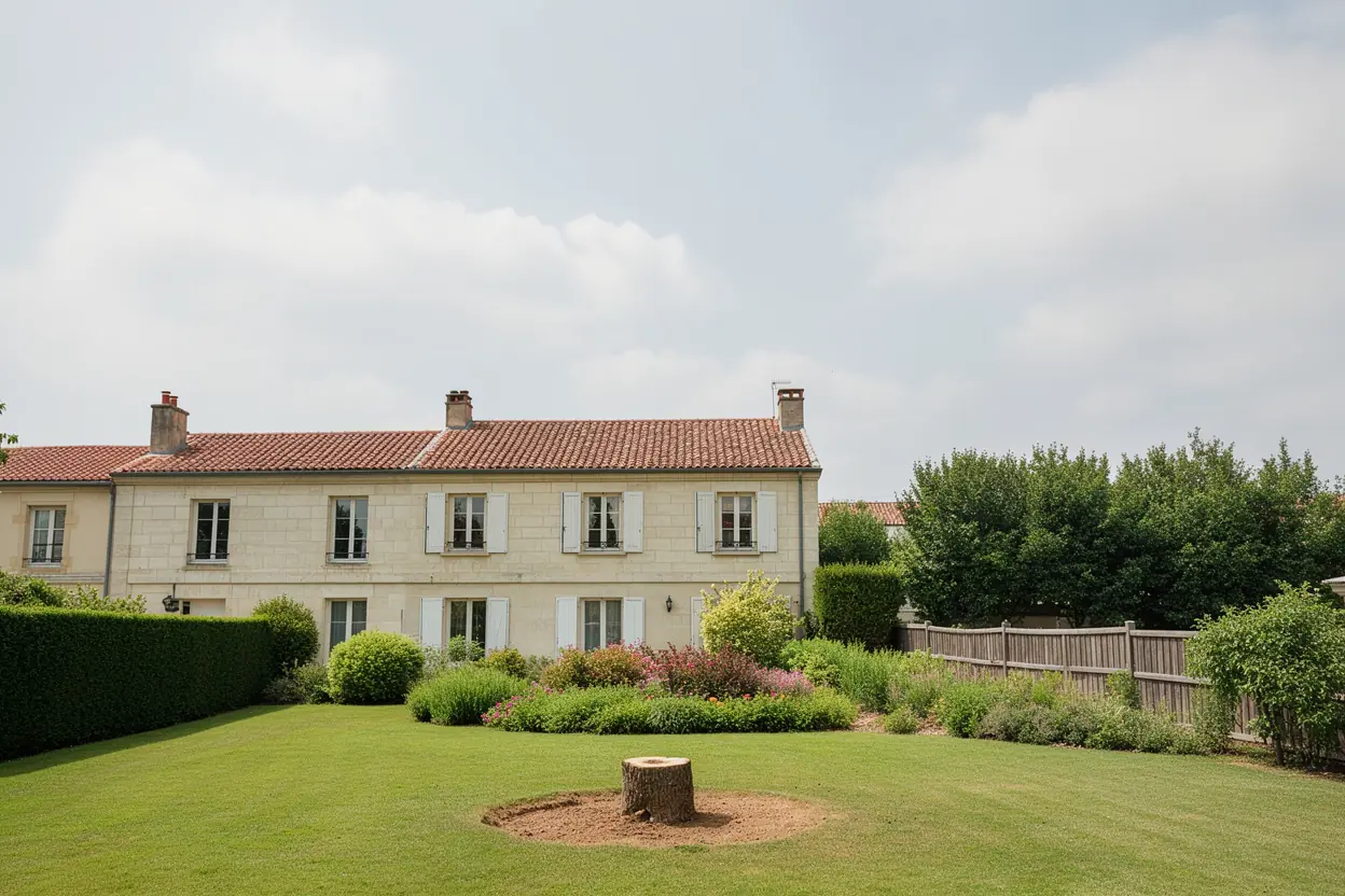 Pelouse dégagée avec souche au ras après abattage à Poitiers