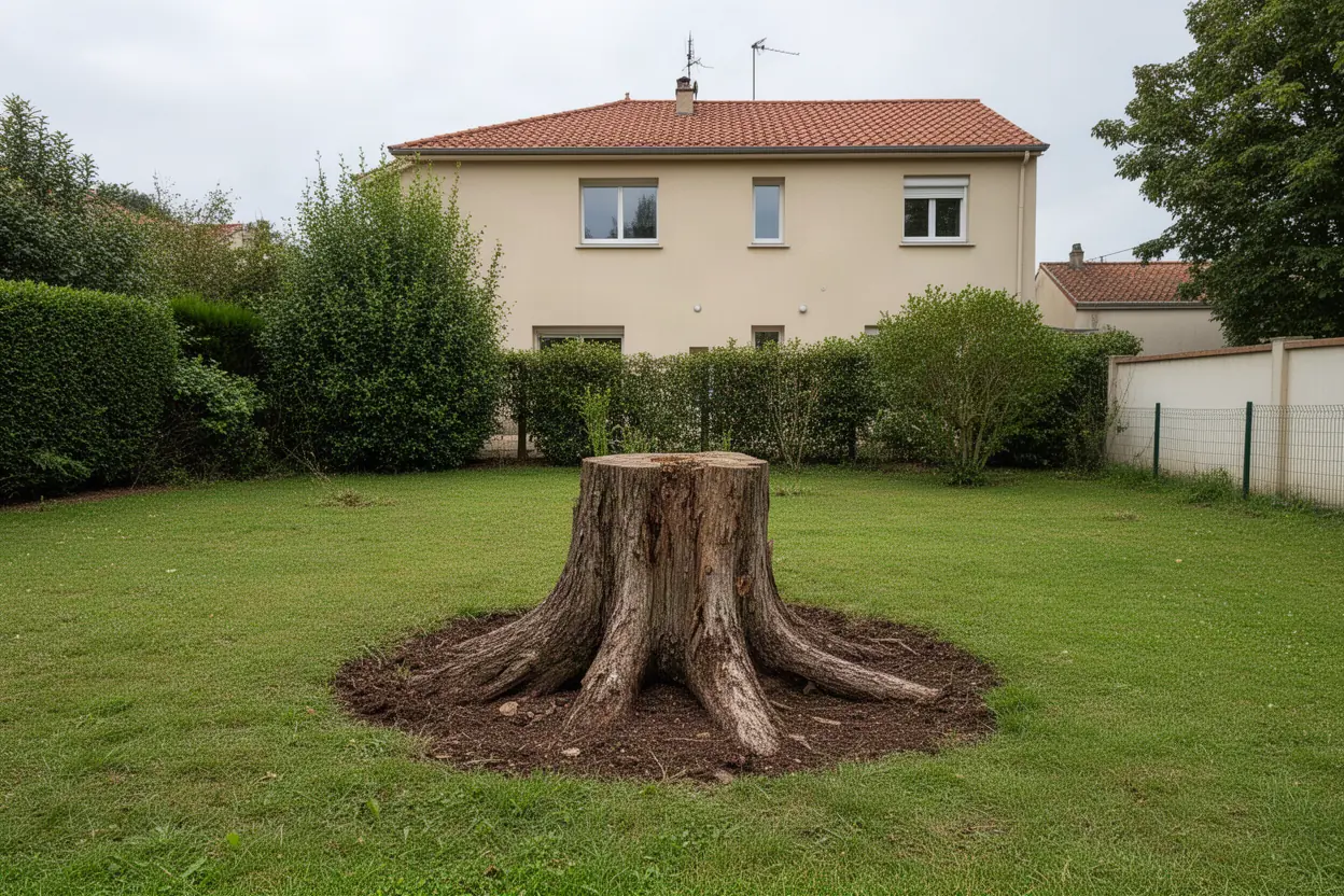 Souche encombrant une pelouse à Poitiers avant rognage