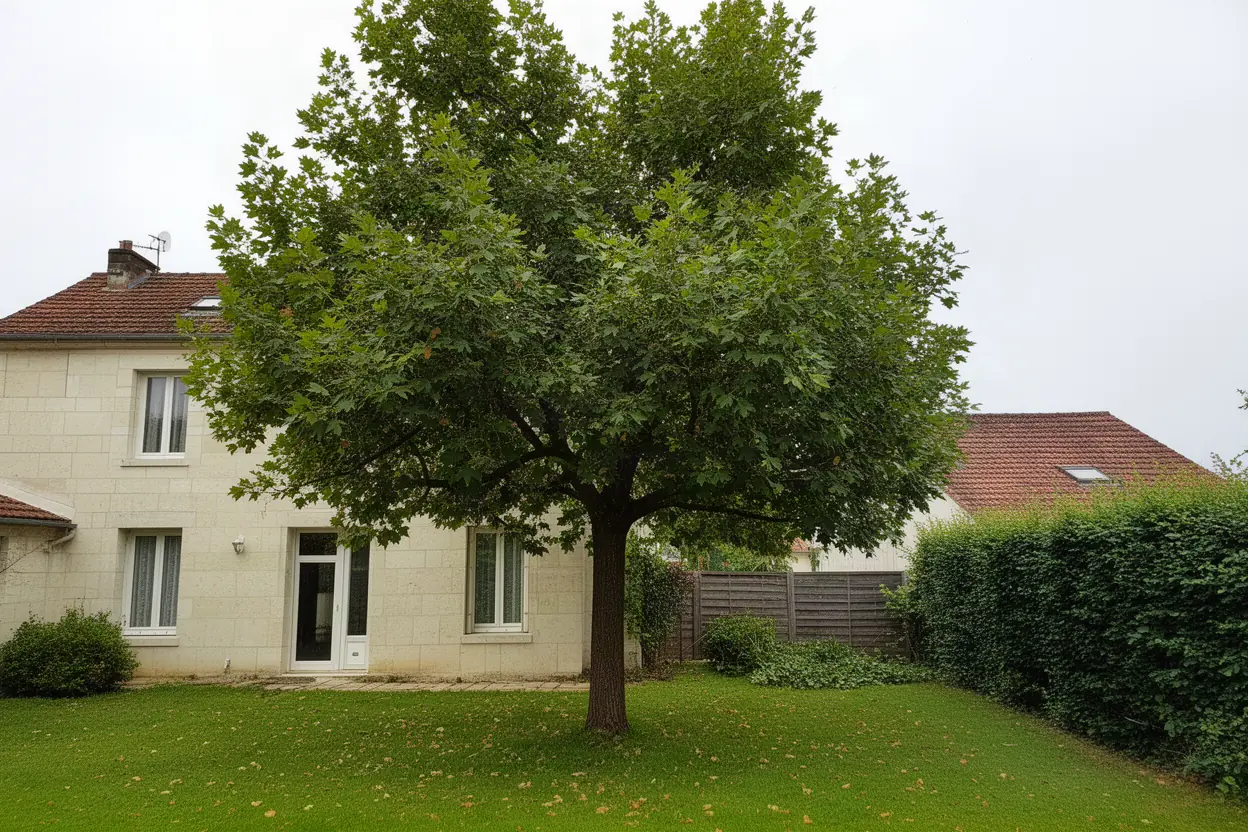 Arbre de jardin devant une maison en pierre à Poitiers avant taille douce