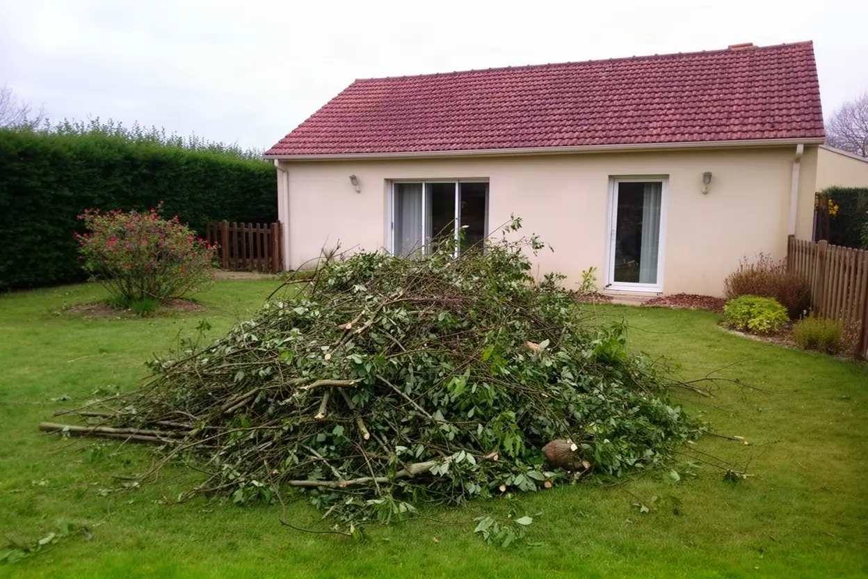 Branchages accumulés avant évacuation à Mignaloux-Beauvoir