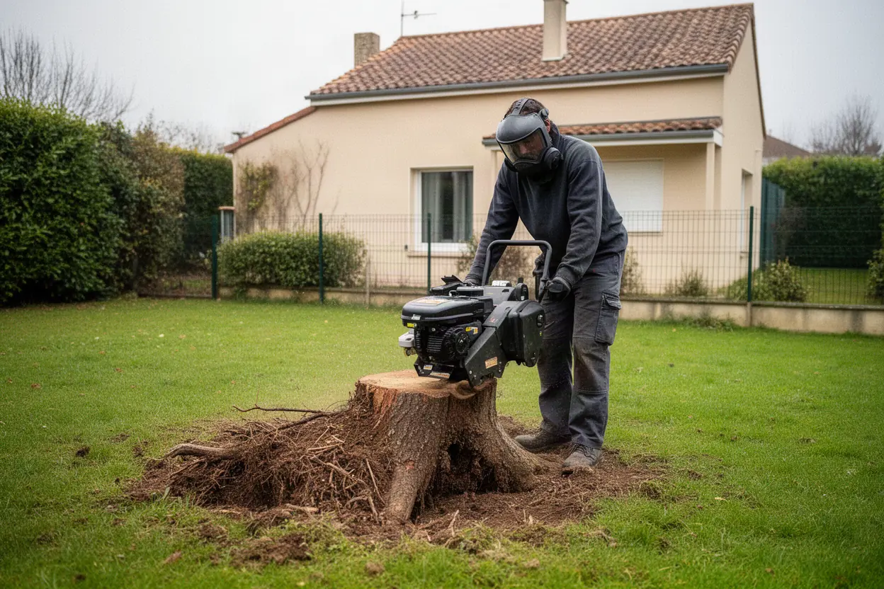 Rognage d’une souche dans une pelouse à Poitiers